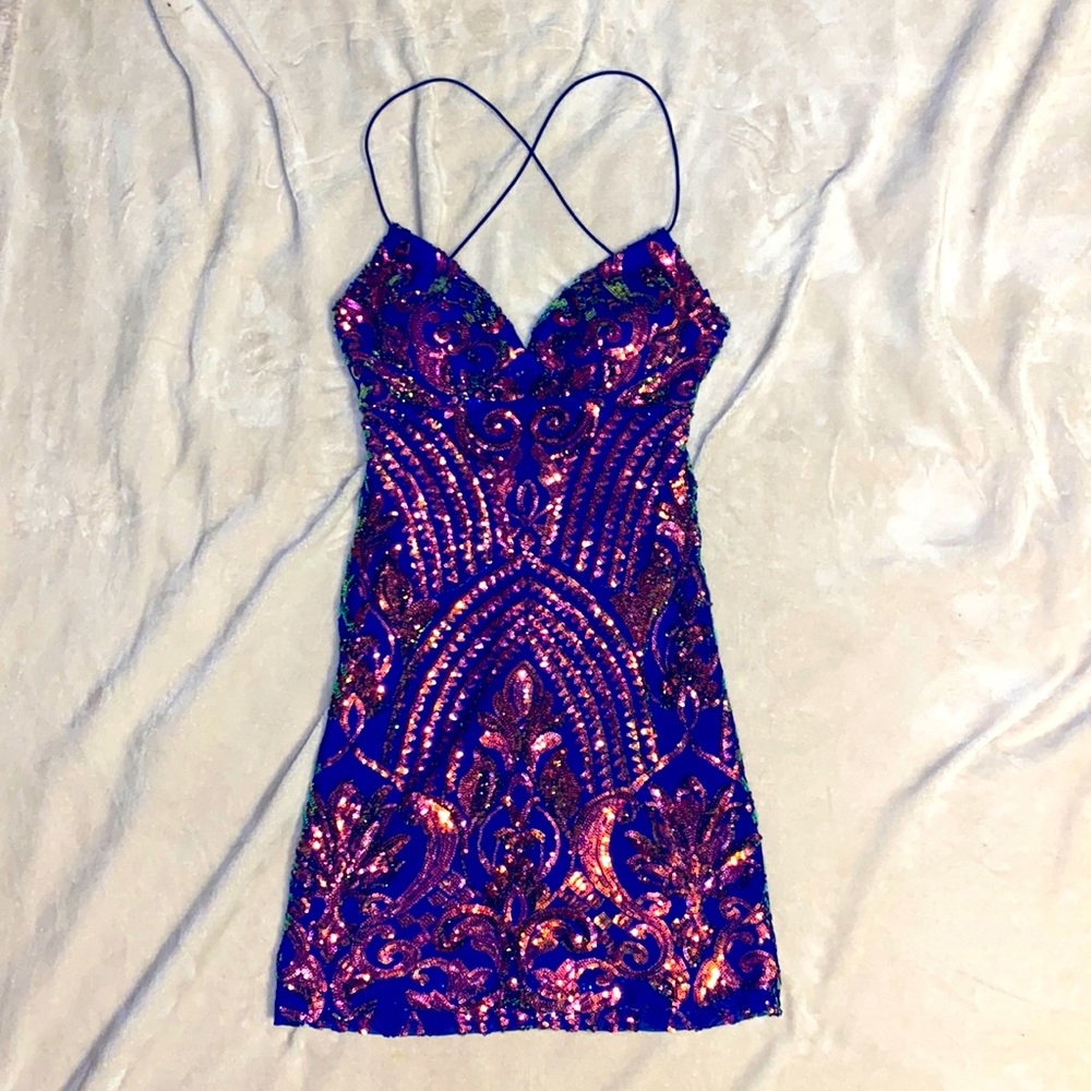 Blue, multicolor sequined homecoming dress.